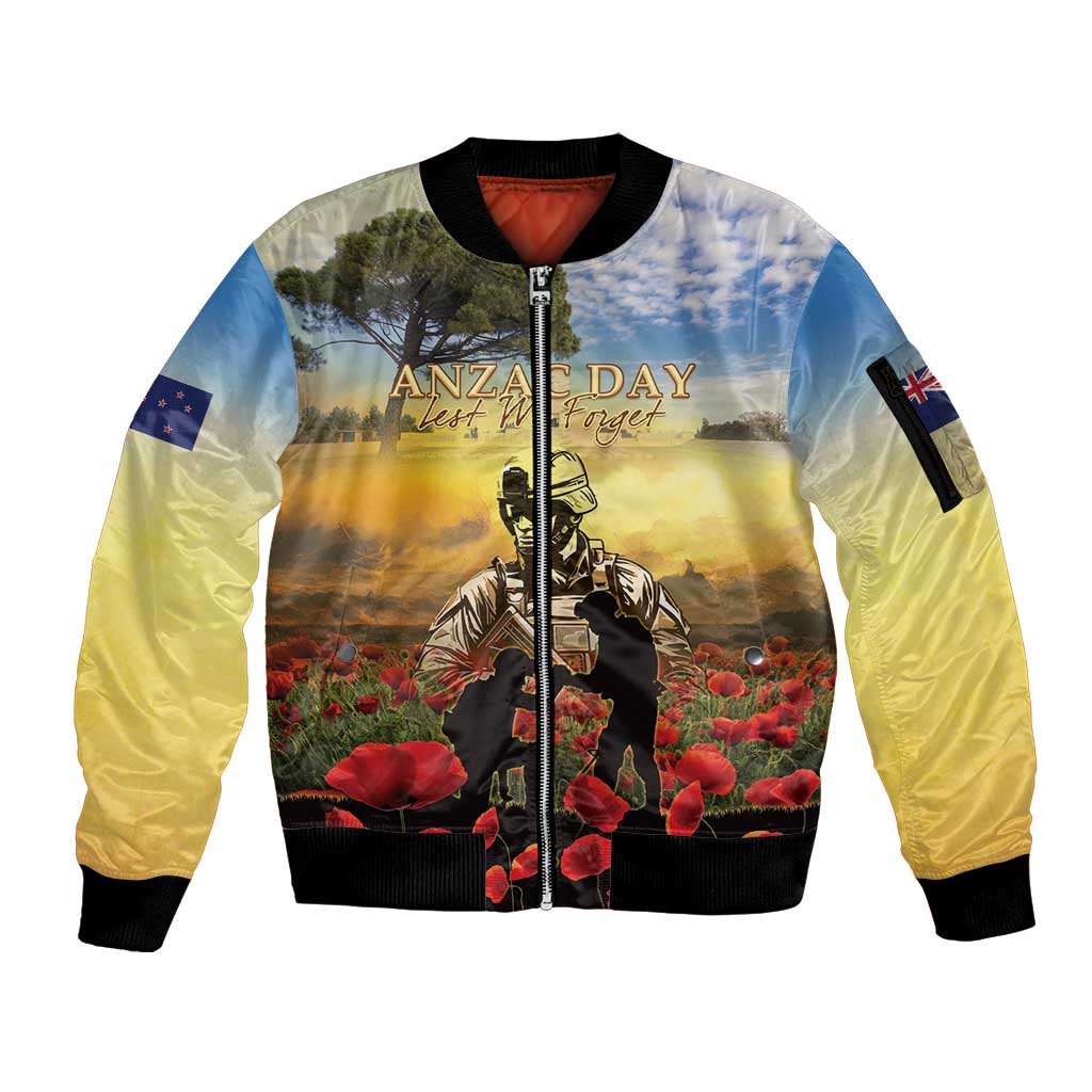 New Zealand ANZAC Day Sleeve Zip Bomber Jacket The Ode Remembrance And Poppy DT04 Unisex Yellow - Polynesian Pride