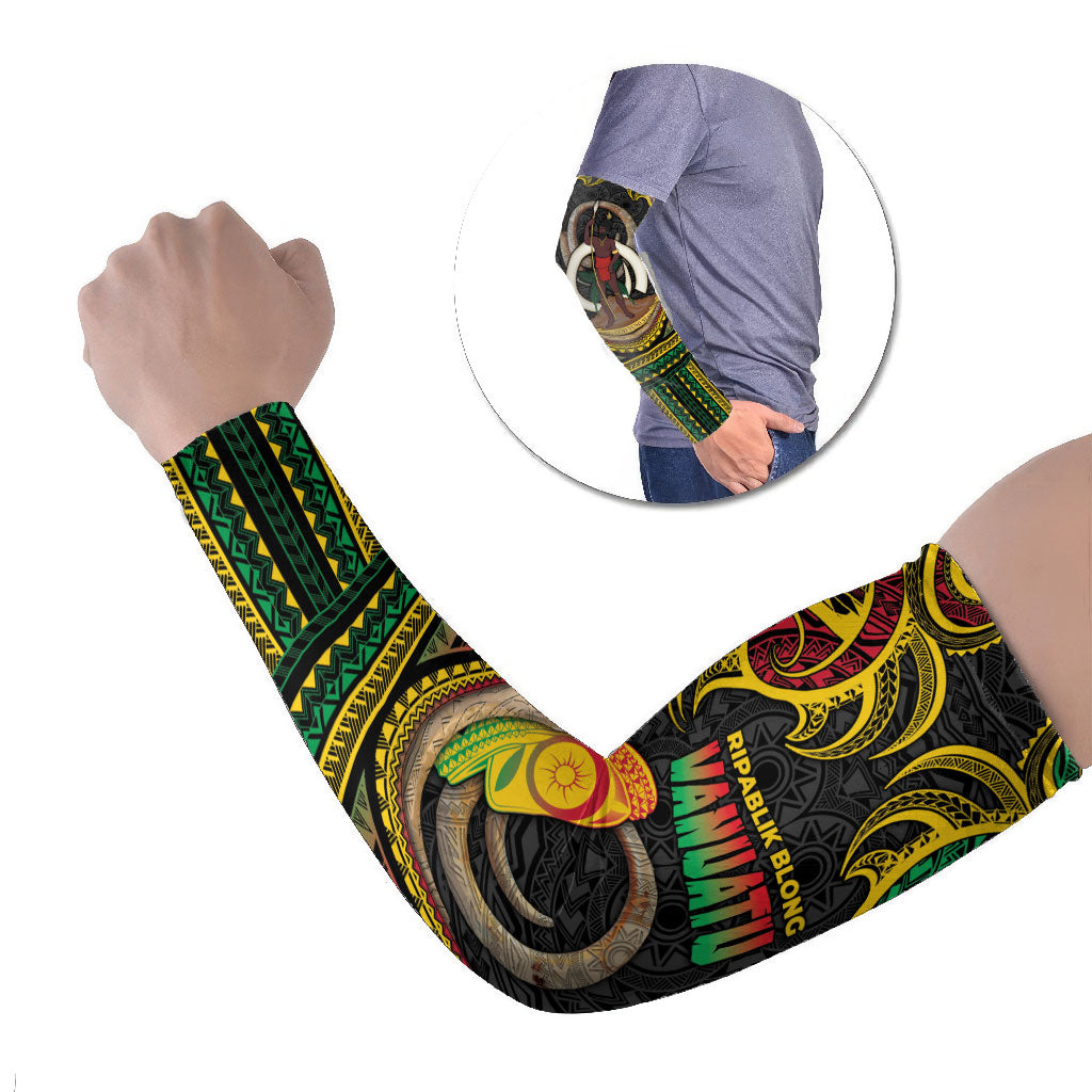 Vanuatu Language Week Arm Sleeves Boar Tusk Warrior Tribal Floral Pattern DT05 Set of 2 Black - Polynesian Pride