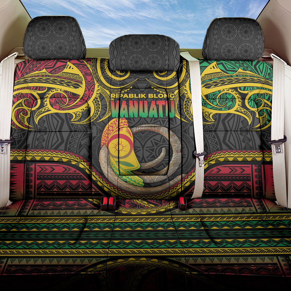 Vanuatu Language Week Back Car Seat Cover Boar Tusk Warrior Tribal Floral Pattern DT05 One Size Black - Polynesian Pride