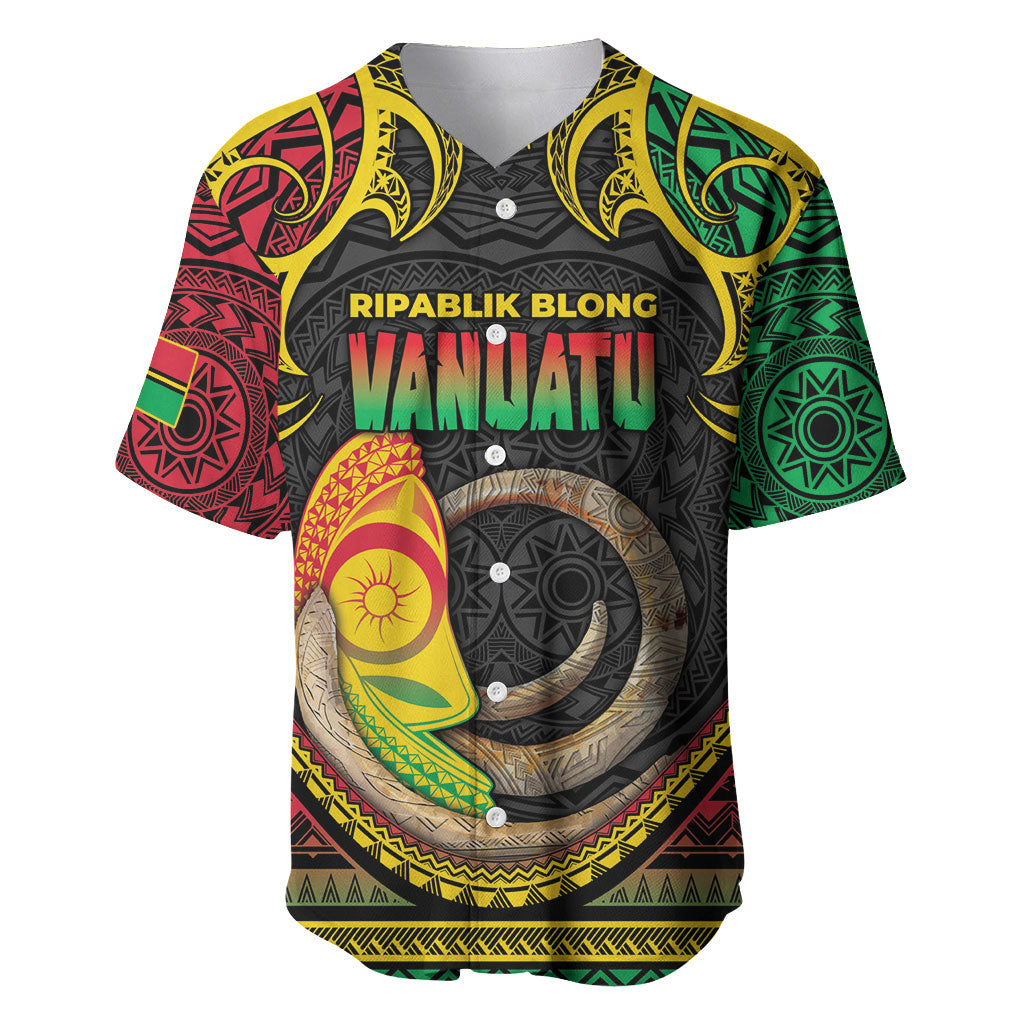 Vanuatu Language Week Baseball Jersey Boar Tusk Warrior Tribal Floral Pattern DT05 Black - Polynesian Pride