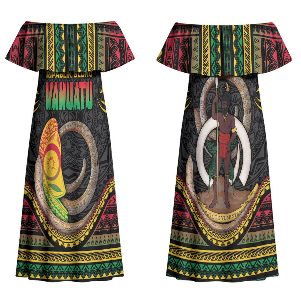 Vanuatu Language Week Couples Matching Off Shoulder Maxi Dress and Hawaiian Shirt Boar Tusk Warrior Tribal Floral Pattern