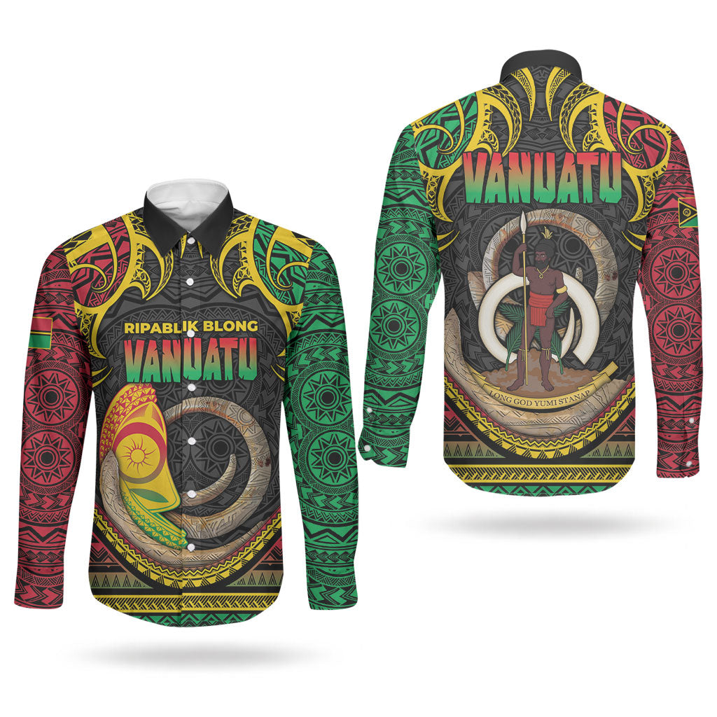 Vanuatu Language Week Couples Matching Off The Shoulder Long Sleeve Dress and Long Sleeve Button Shirt Boar Tusk Warrior Tribal Floral Pattern