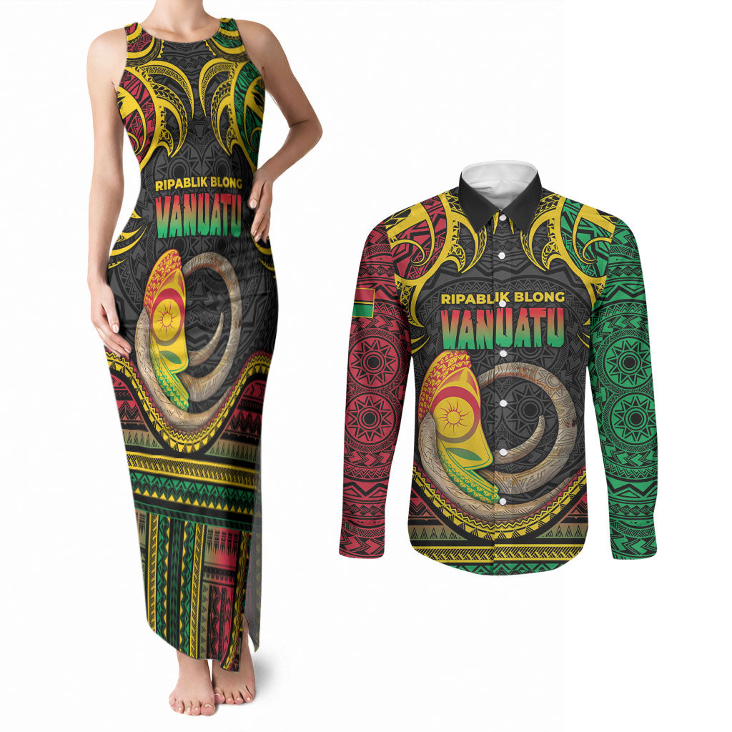 Vanuatu Language Week Couples Matching Tank Maxi Dress and Long Sleeve Button Shirt Boar Tusk Warrior Tribal Floral Pattern DT05 Black - Polynesian Pride