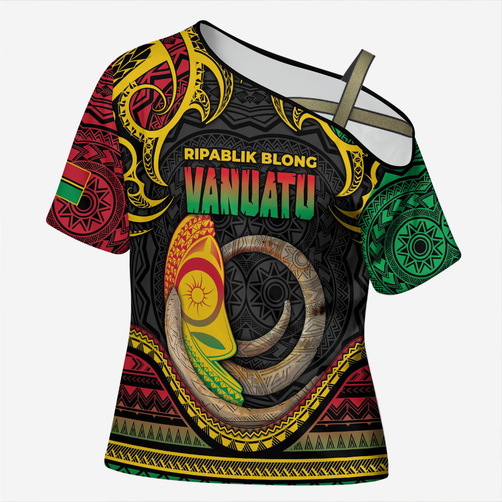 Vanuatu Language Week Cross Shoulder Shirt Boar Tusk Warrior Tribal Floral Pattern DT05 Female Black - Polynesian Pride