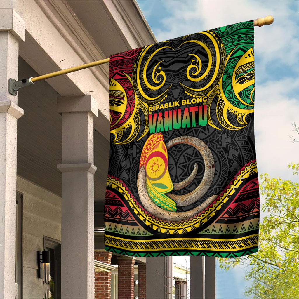 Vanuatu Language Week Garden Flag Boar Tusk Warrior Tribal Floral Pattern DT05 House Flag Black - Polynesian Pride