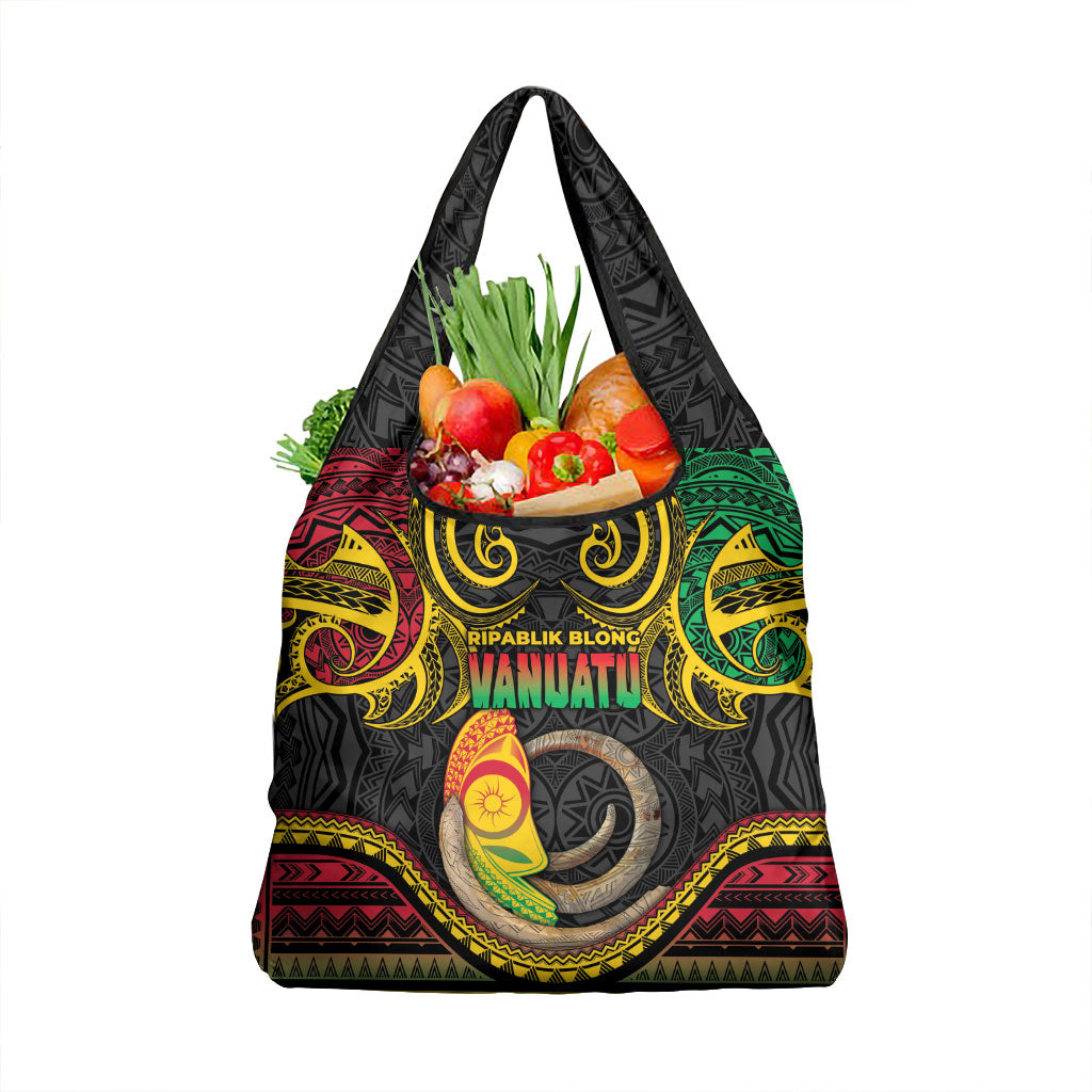 Vanuatu Language Week Grocery Bag Boar Tusk Warrior Tribal Floral Pattern DT05 1-pack One Size Black - Polynesian Pride