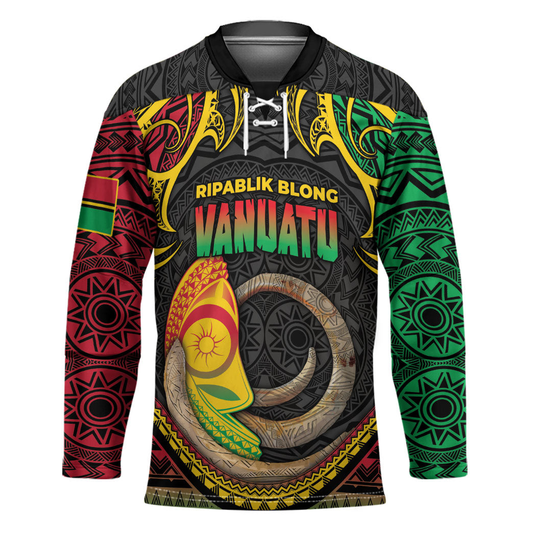 Vanuatu Language Week Hockey Jersey Boar Tusk Warrior Tribal Floral Pattern DT05 Unisex Black - Polynesian Pride
