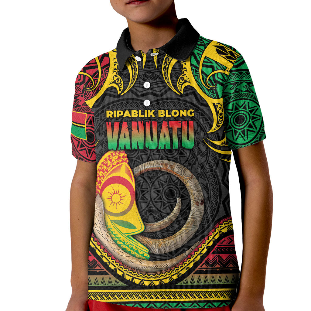 Vanuatu Language Week Kid Polo Shirt Boar Tusk Warrior Tribal Floral Pattern DT05 Kid Black - Polynesian Pride
