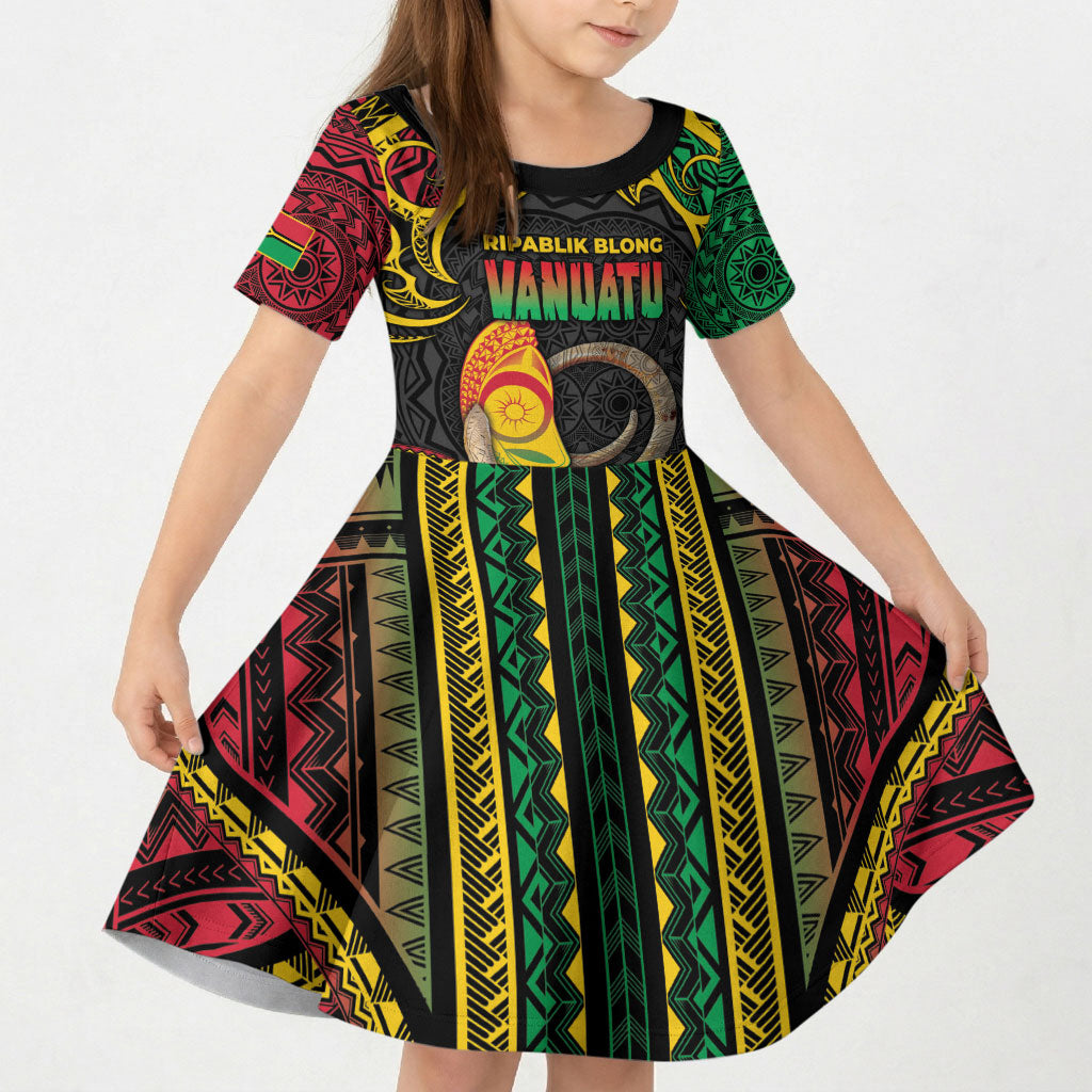 Vanuatu Language Week Kid Short Sleeve Dress Boar Tusk Warrior Tribal Floral Pattern DT05 KID Black - Polynesian Pride