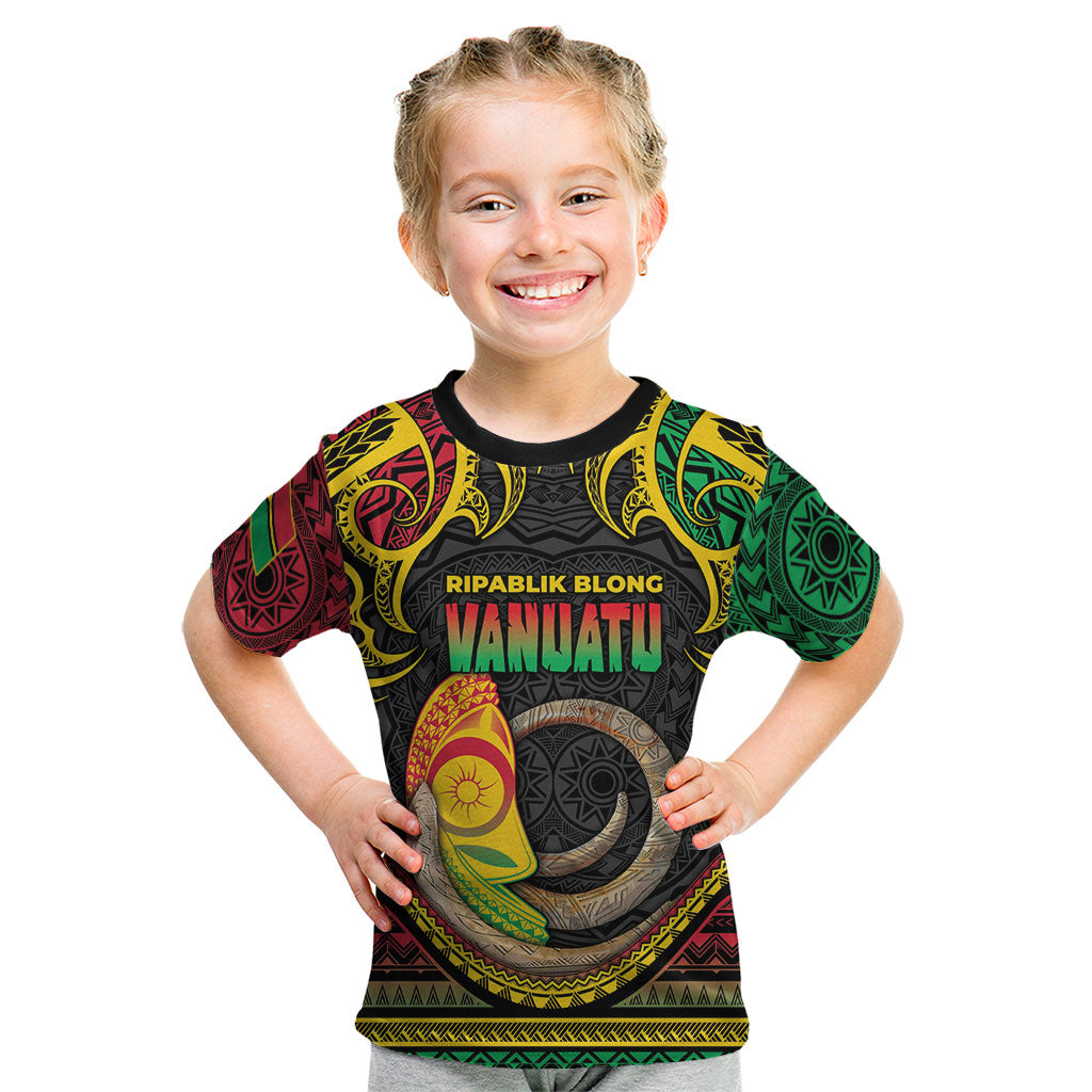 Vanuatu Language Week Kid T Shirt Boar Tusk Warrior Tribal Floral Pattern DT05 Black - Polynesian Pride