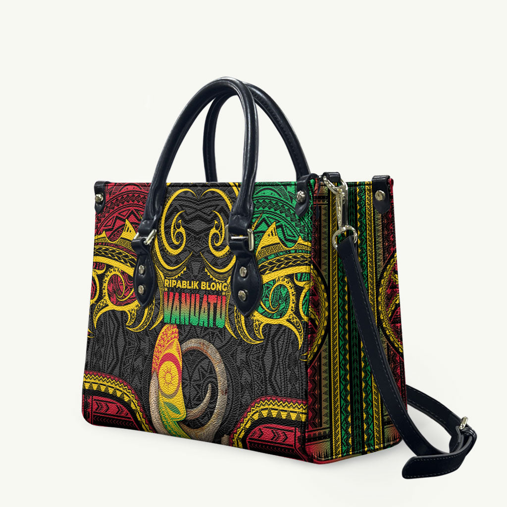 Vanuatu Language Week Leather Bag Boar Tusk Warrior Tribal Floral Pattern DT05 Black - Polynesian Pride
