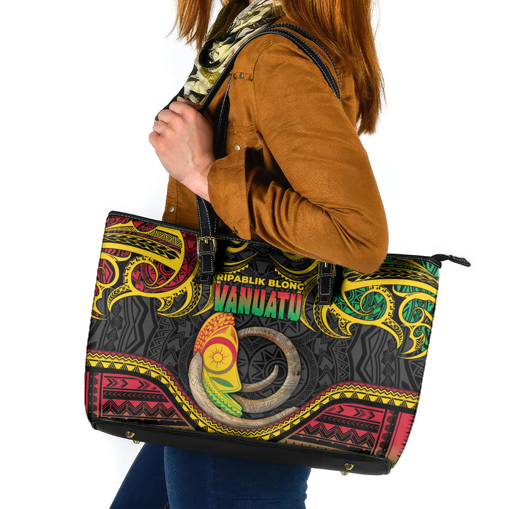 Vanuatu Language Week Leather Tote Bag Boar Tusk Warrior Tribal Floral Pattern DT05 Black - Polynesian Pride