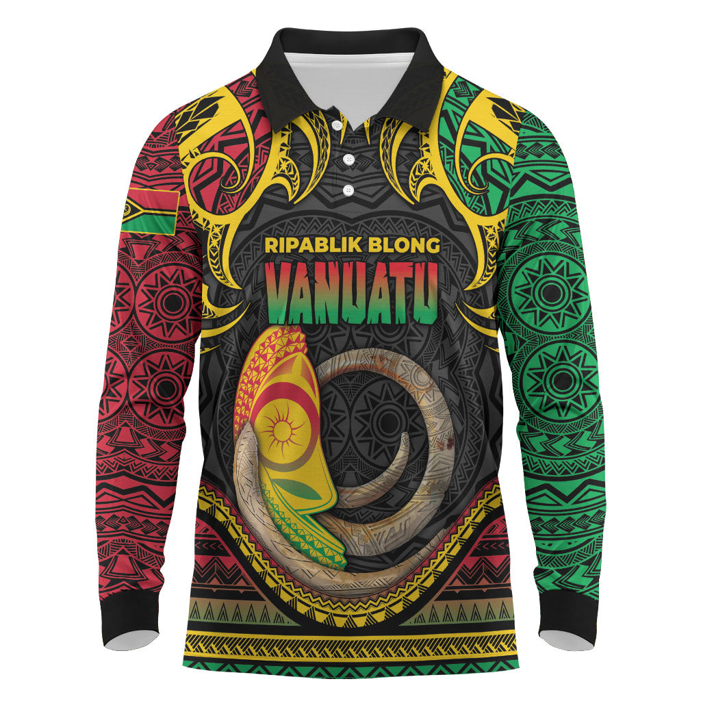 Vanuatu Language Week Long Sleeve Polo Shirt Boar Tusk Warrior Tribal Floral Pattern DT05 Black - Polynesian Pride
