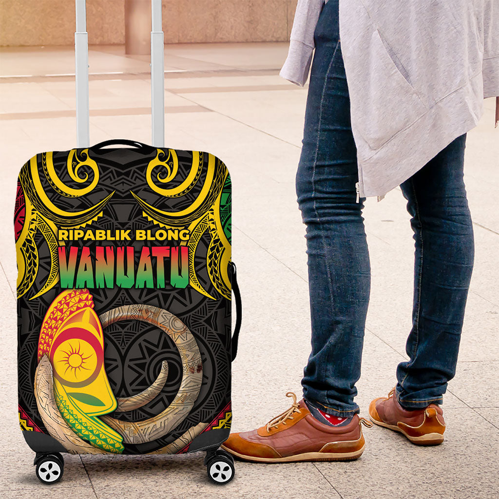 Vanuatu Language Week Luggage Cover Boar Tusk Warrior Tribal Floral Pattern DT05 Black - Polynesian Pride