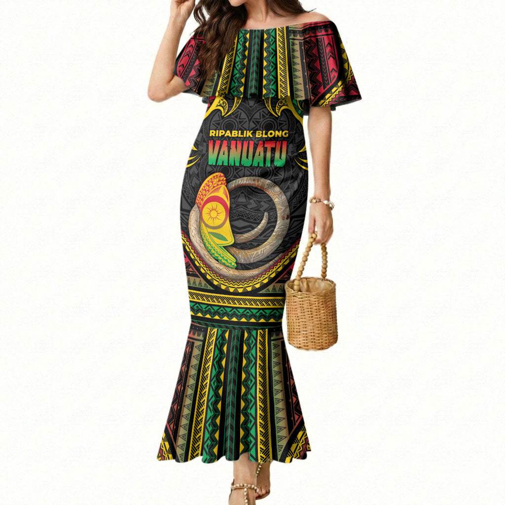 Vanuatu Language Week Mermaid Dress Boar Tusk Warrior Tribal Floral Pattern DT05 Women Black - Polynesian Pride