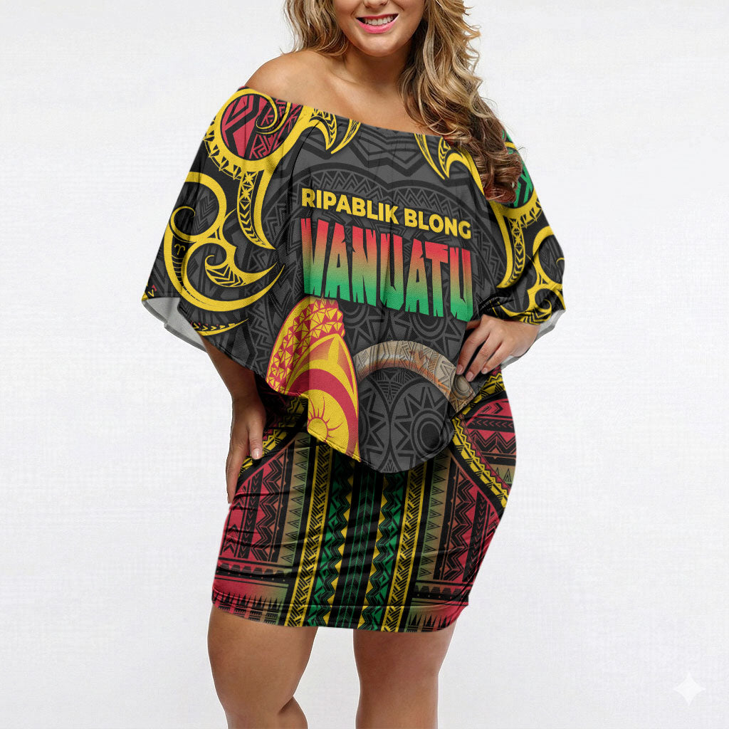 Vanuatu Language Week Off Shoulder Short Dress Boar Tusk Warrior Tribal Floral Pattern DT05 Women Black - Polynesian Pride