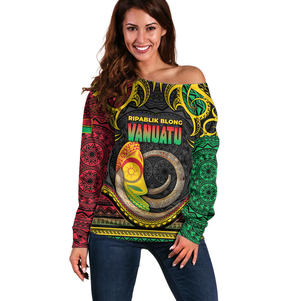 Vanuatu Language Week Off Shoulder Sweater Boar Tusk Warrior Tribal Floral Pattern DT05 Women Black - Polynesian Pride
