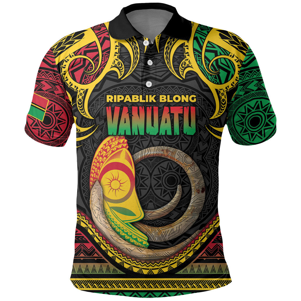 Vanuatu Language Week Polo Shirt Boar Tusk Warrior Tribal Floral Pattern DT05 Black - Polynesian Pride
