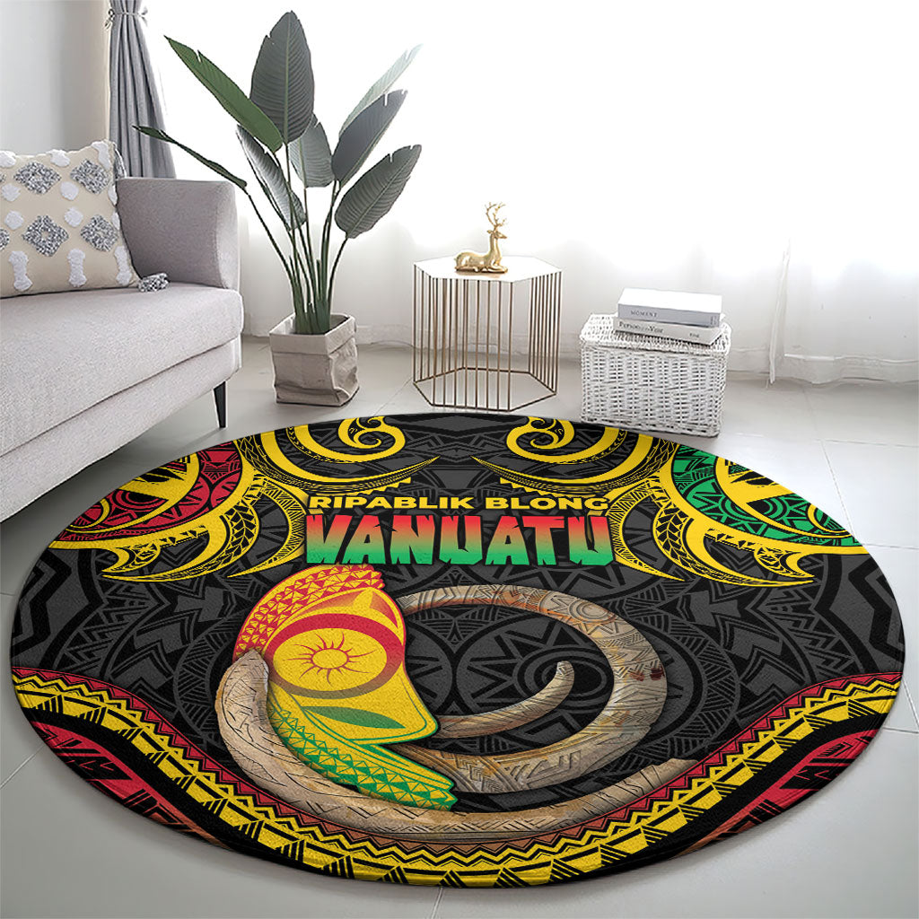 Vanuatu Language Week Round Carpet Boar Tusk Warrior Tribal Floral Pattern