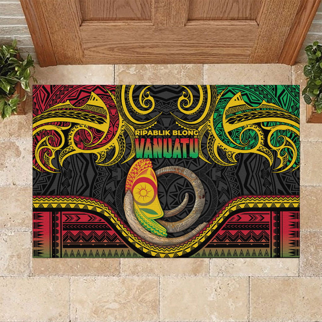 Vanuatu Language Week Rubber Doormat Boar Tusk Warrior Tribal Floral Pattern DT05 Black - Polynesian Pride