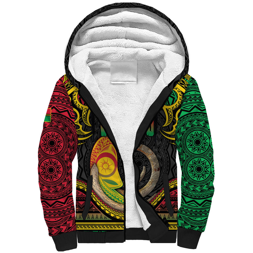 Vanuatu Language Week Sherpa Hoodie Boar Tusk Warrior Tribal Floral Pattern DT05 Unisex Black - Polynesian Pride