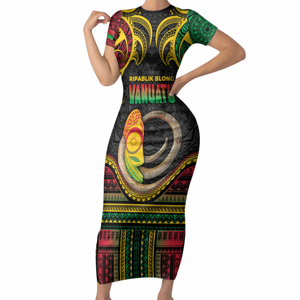 Vanuatu Language Week Short Sleeve Bodycon Dress Boar Tusk Warrior Tribal Floral Pattern DT05 Long Dress Black - Polynesian Pride