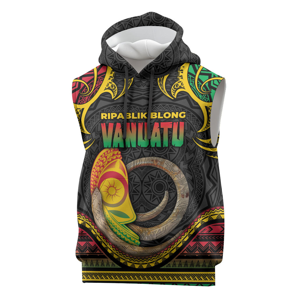 Vanuatu Language Week Sleeveless Hoodie Boar Tusk Warrior Tribal Floral Pattern DT05 Black - Polynesian Pride