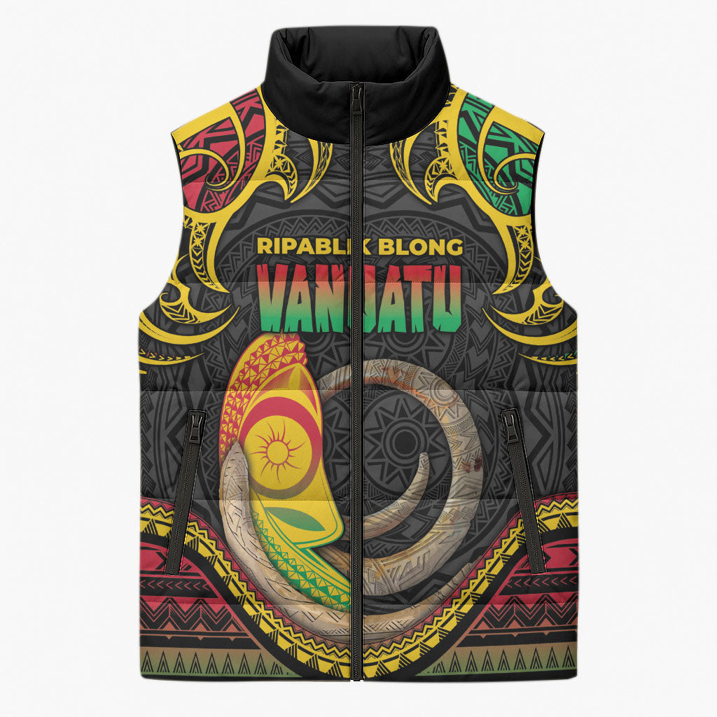 Vanuatu Language Week Sleeveless Puffer Jacket Boar Tusk Warrior Tribal Floral Pattern DT05 Unisex Black - Polynesian Pride