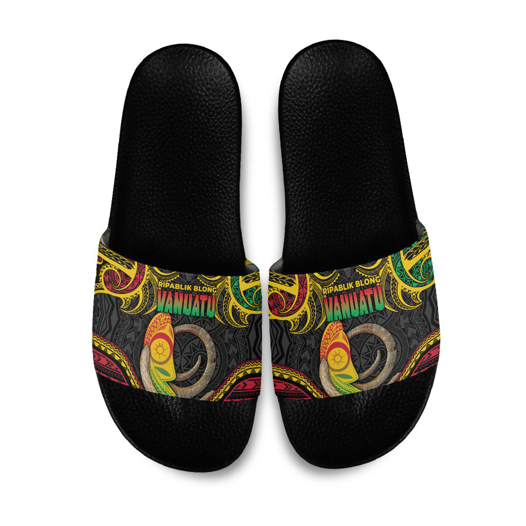 Vanuatu Language Week Slide Sandals Boar Tusk Warrior Tribal Floral Pattern DT05 Black - Polynesian Pride