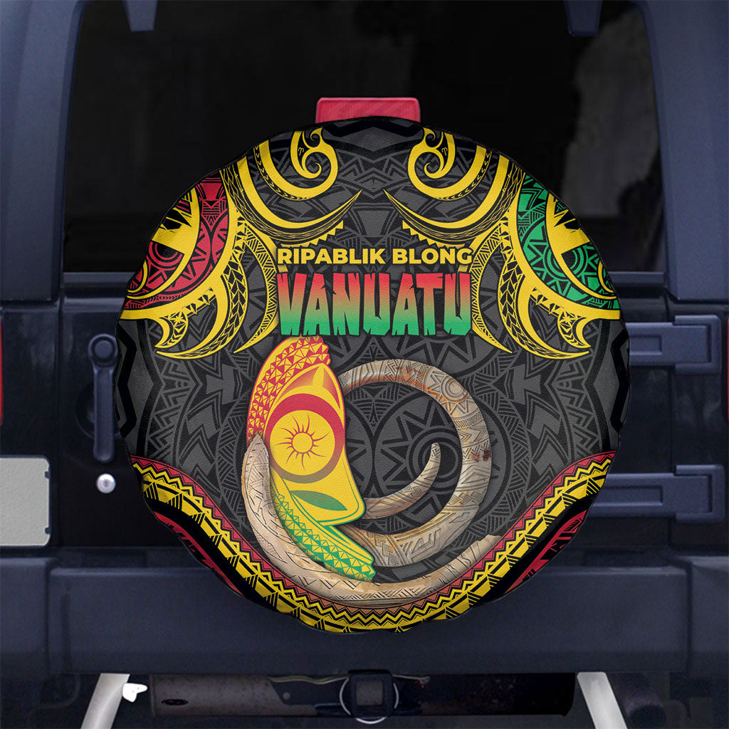 Vanuatu Language Week Spare Tire Cover Boar Tusk Warrior Tribal Floral Pattern DT05 No hole Black - Polynesian Pride
