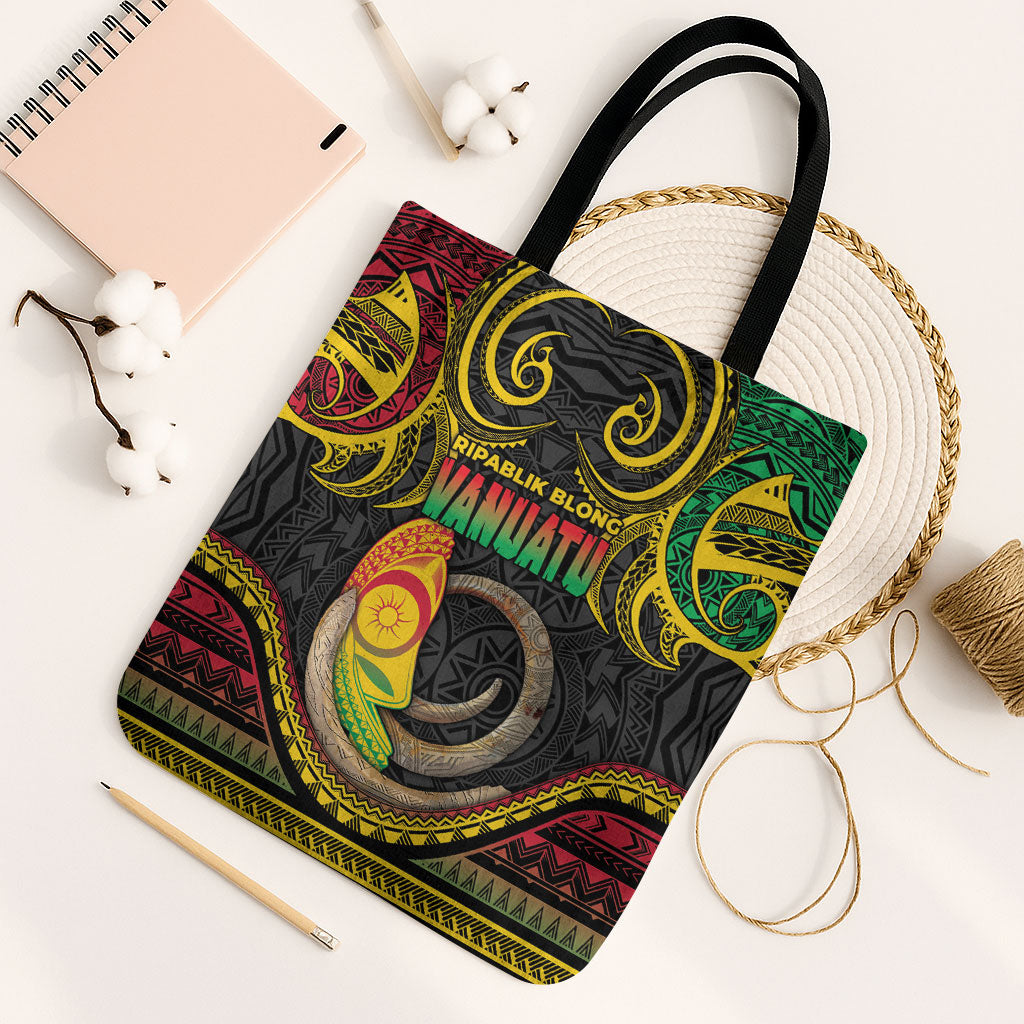 Vanuatu Language Week Tote Bag Boar Tusk Warrior Tribal Floral Pattern DT05 Black Strap One Size Black - Polynesian Pride