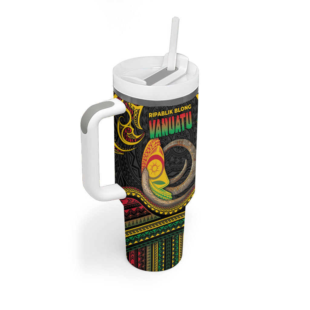 Vanuatu Language Week Tumbler With Handle Boar Tusk Warrior Tribal Floral Pattern
