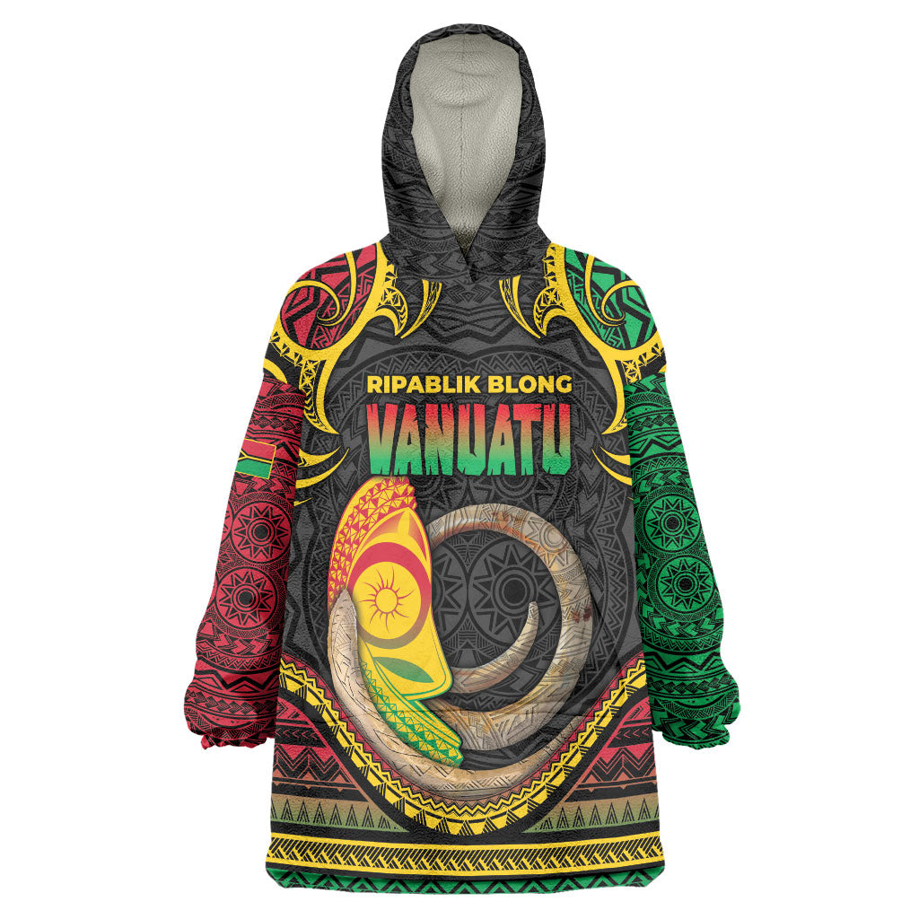Vanuatu Language Week Wearable Blanket Hoodie Boar Tusk Warrior Tribal Floral Pattern DT05 One Size Black - Polynesian Pride