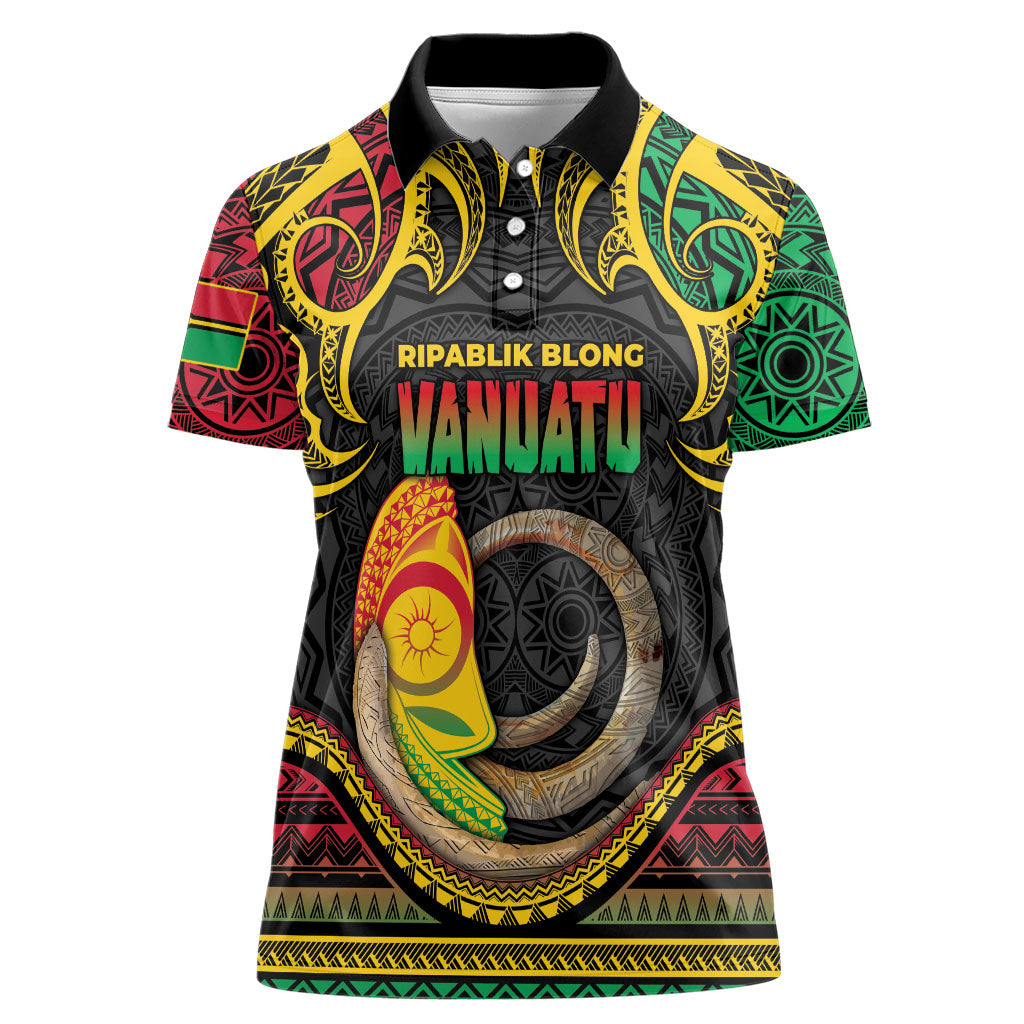 Vanuatu Language Week Women Polo Shirt Boar Tusk Warrior Tribal Floral Pattern DT05 Female Black - Polynesian Pride