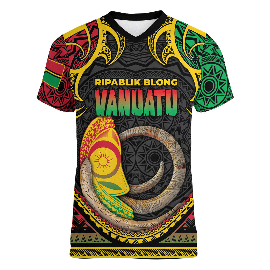 Vanuatu Language Week Women V-Neck T-Shirt Boar Tusk Warrior Tribal Floral Pattern DT05 Female Black - Polynesian Pride