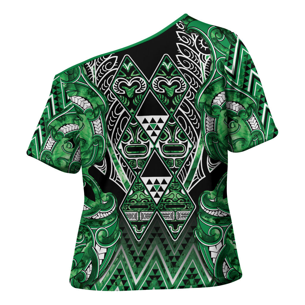 Aotearoa Ngati Maniapoto Cross Shoulder Shirt Maori Tribal Green Paua Shell Pattern DT05 - Polynesian Pride