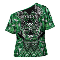 Aotearoa Ngati Maniapoto Cross Shoulder Shirt Maori Tribal Green Paua Shell Pattern DT05 - Polynesian Pride
