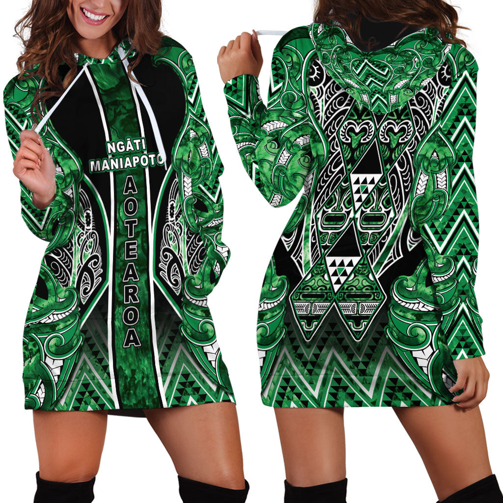 Aotearoa Ngati Maniapoto Hoodie Dress Maori Tribal Green Paua Shell Pattern DT05 - Polynesian Pride