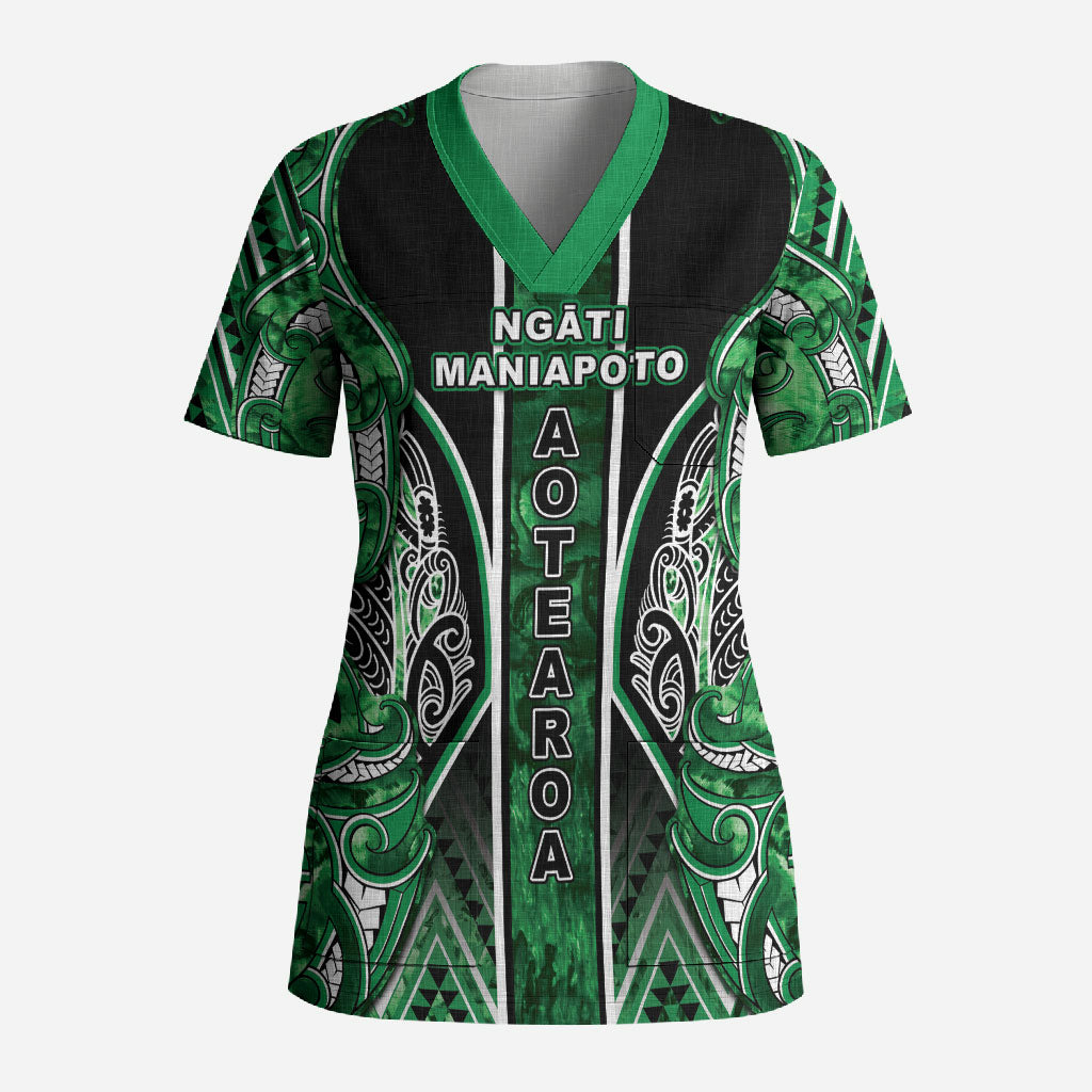 Aotearoa Ngati Maniapoto Scrub Top Maori Tribal Green Paua Shell Pattern DT05 Adult Green - Polynesian Pride