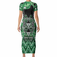 Aotearoa Ngati Maniapoto Short Sleeve Bodycon Dress Maori Tribal Green Paua Shell Pattern DT05 - Polynesian Pride