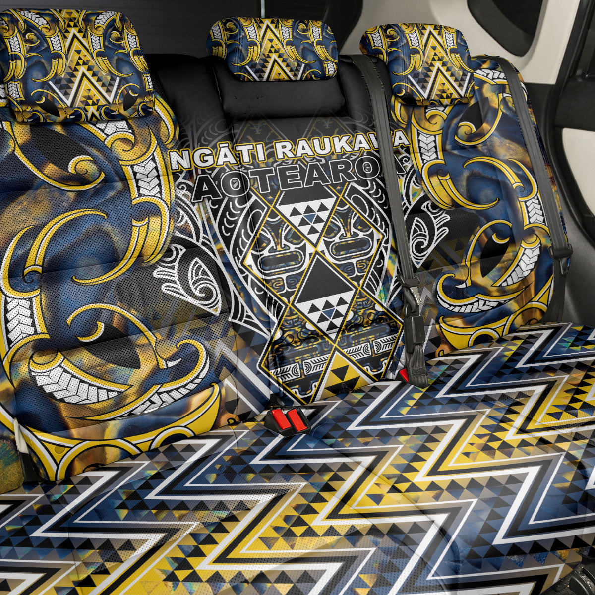 Aotearoa Ngati Raukawa Back Car Seat Cover Maori Tribal Yellow And Navy Paua Shell Pattern DT05 - Polynesian Pride