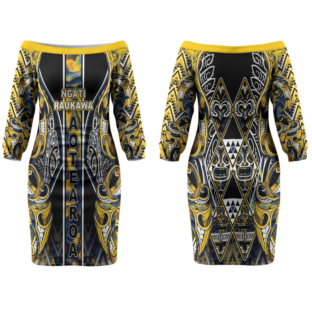 Aotearoa Ngati Raukawa Couples Matching Off The Shoulder Long Sleeve Dress and Long Sleeve Button Shirt Maori Tribal Yellow And Navy Paua Shell Pattern DT05 - Polynesian Pride