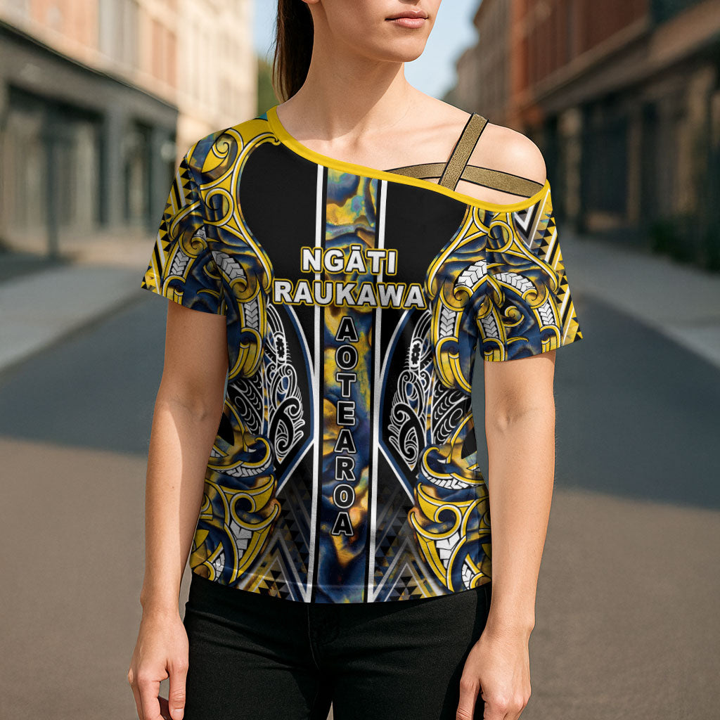 Aotearoa Ngati Raukawa Cross Shoulder Shirt Maori Tribal Yellow And Navy Paua Shell Pattern DT05 - Polynesian Pride