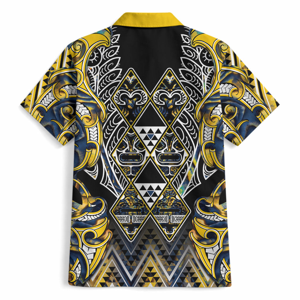 Aotearoa Ngati Raukawa Hawaiian Shirt Maori Tribal Yellow And Navy Paua Shell Pattern DT05 - Polynesian Pride