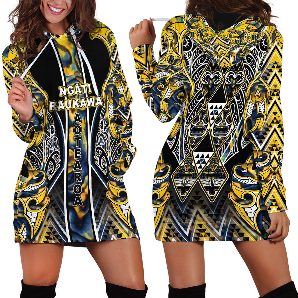 Aotearoa Ngati Raukawa Hoodie Dress Maori Tribal Yellow And Navy Paua Shell Pattern DT05 - Polynesian Pride