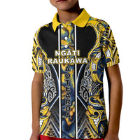 Aotearoa Ngati Raukawa Kid Polo Shirt Maori Tribal Yellow And Navy Paua Shell Pattern DT05 Kid Yellow - Polynesian Pride