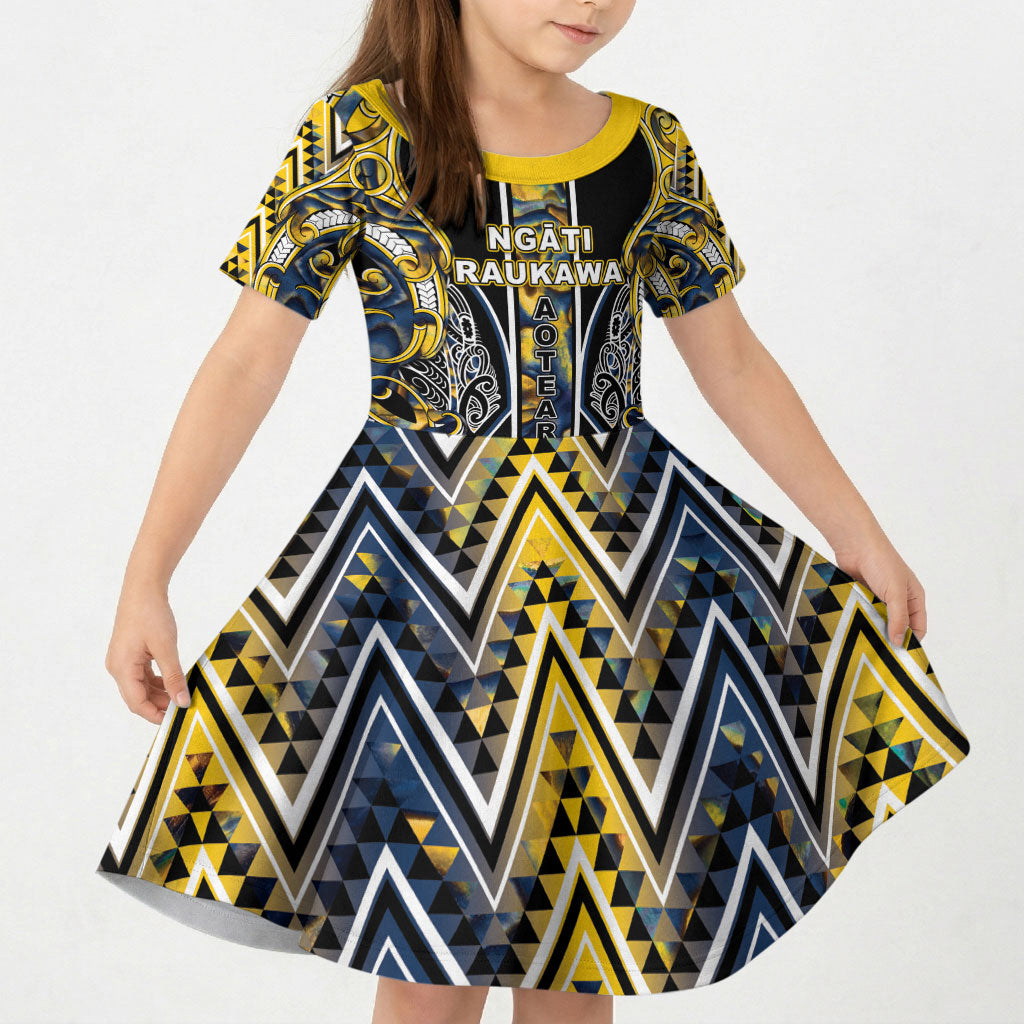 Aotearoa Ngati Raukawa Kid Short Sleeve Dress Maori Tribal Yellow And Navy Paua Shell Pattern DT05 KID Yellow - Polynesian Pride