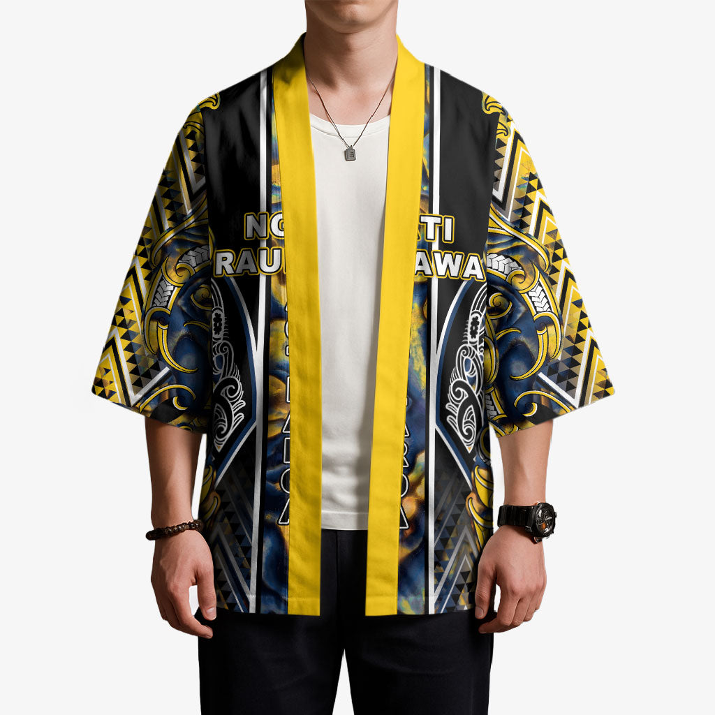 Aotearoa Ngati Raukawa Kimono Maori Tribal Yellow And Navy Paua Shell Pattern DT05 - Polynesian Pride