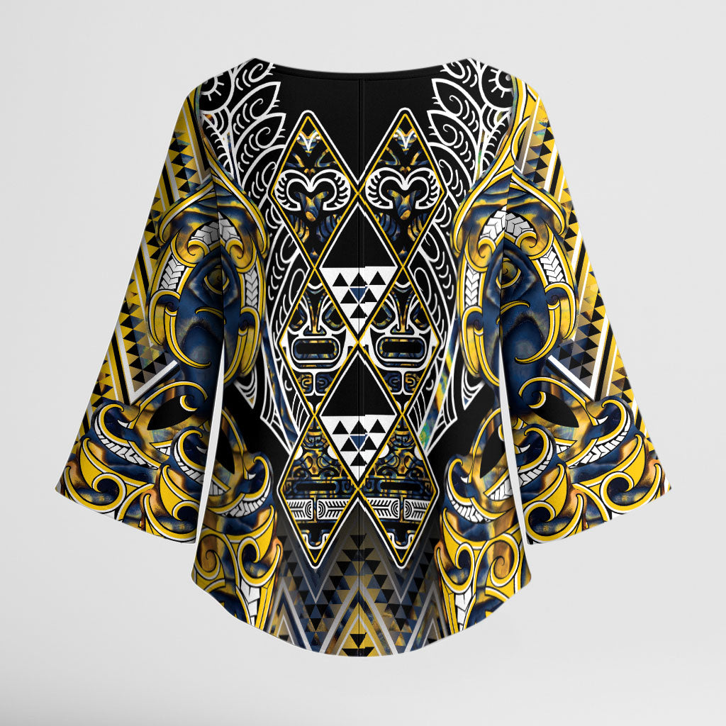 Aotearoa Ngati Raukawa Kimono Sleeve Blouse Maori Tribal Yellow And Navy Paua Shell Pattern DT05 - Polynesian Pride