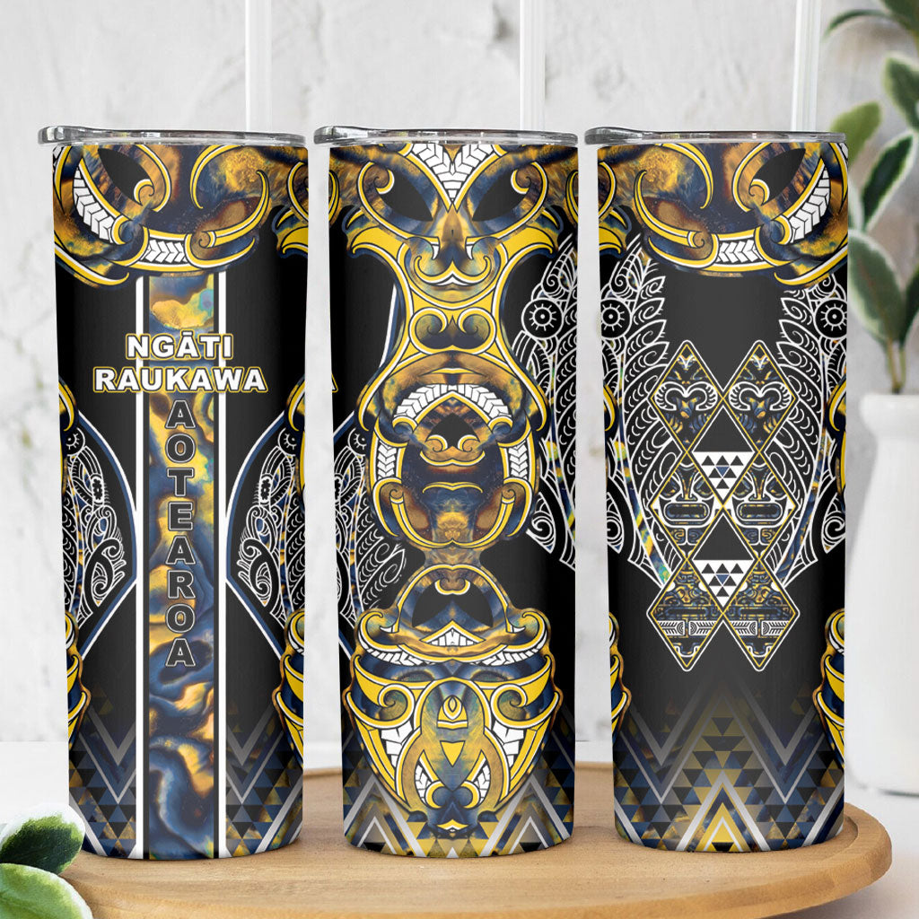 Aotearoa Ngati Raukawa Skinny Tumbler Maori Tribal Yellow And Navy Paua Shell Pattern DT05 - Polynesian Pride